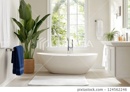 Luxurious bathroom with freestanding tub surrounded by lush tropical plants and natural light 124562246
