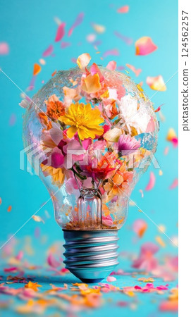 Shattered lightbulb filled with blooming flowers captured in striking close up detail 124562257