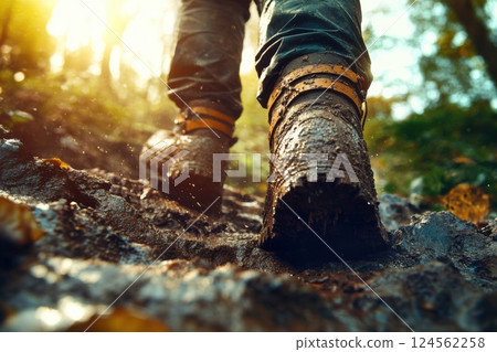 Muddy boots navigating rocky staircase on a forest hike during bright daylight 124562258