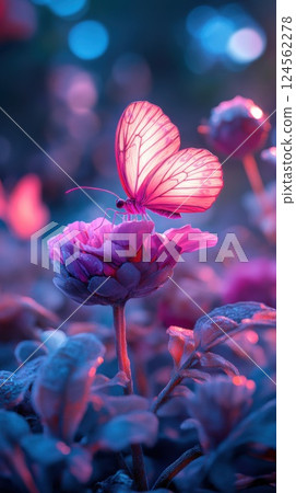 Glowing neon butterfly rests softly on frosted flower in natural light 124562278
