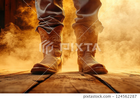 Feet in cowboy boots stand on dusty wooden floor in a western saloon setting 124562287