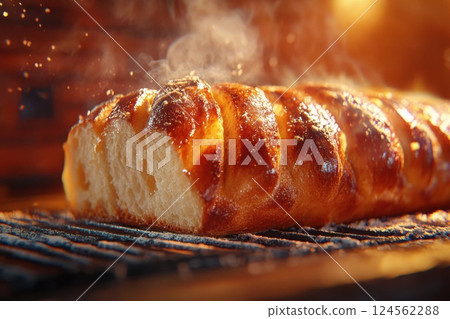 Freshly baked bread being sliced in a warm kitchen filled with inviting aromas 124562288