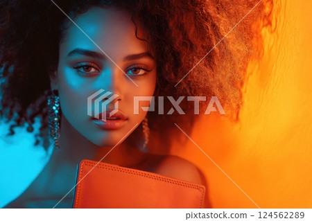 Model showcases soft leather clutch in warm natural lighting with vibrant background 124562289