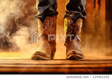 Cowboy boots on dusty wooden floor in western saloon setting with a rustic atmosphere Cowboy boots on dusty wooden floor in western saloon setting with a rustic atmosphere 124562292