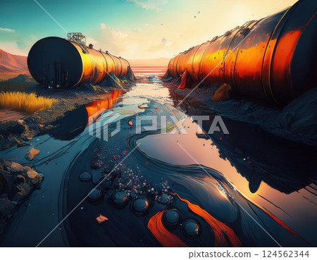 Abandoned industrial landscape with rusting tanks and reflective water at sunset near mountains. Generative AI 124562344