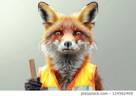 Fox in reflective vest acting as crossing guard during day on a solid background 124562409