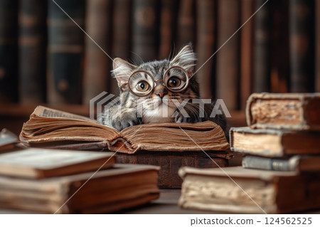 Cat in round glasses studies ancient books in a cozy study with dramatic lighting Cat in round glasses studies ancient books in a cozy study with dramatic lighting 124562525