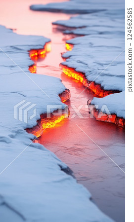 Frozen river reveals patches of glowing embers under clear daylight 124562585