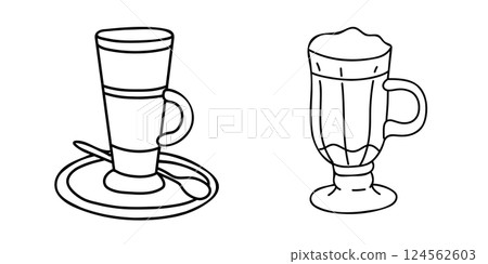 Latte, Irish or Iced Coffee cocktail cups set. Hand drawn Vector Doodle illustration isolated on a white background. Black and white Sketch. Ideal for beverage branding, cafe menu and graphic design 124562603