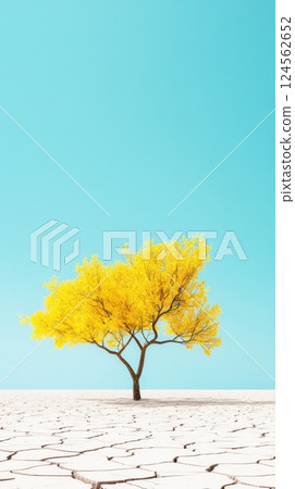 Glowing yellow tree stands resilient in dry cracked lake bed under bright sunlight 124562652