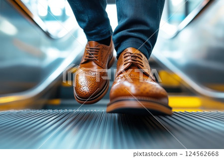 Businessman steps onto escalator in bustling city with polished leather shoes 124562668