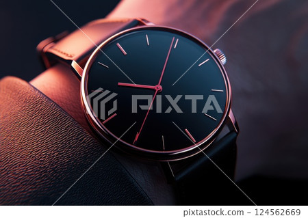 Luxury watch with leather strap displayed elegantly on a wrist in soft ambient light 124562669