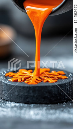 Molten metal flowing into intricate snowflake mold in bright lighting 124562672