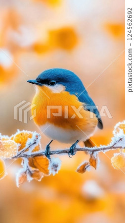 Glowing bird resting on a frosty branch amidst vibrant autumn leaves Glowing bird resting on a frosty branch amidst vibrant autumn leaves 124562692