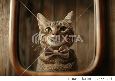 Cat prepares for an event while adjusting a bowtie in front of a mirror 124562721