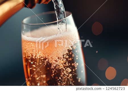 Sparkling champagne fills a flute in a bright celebration atmosphere at a festive occasion 124562723