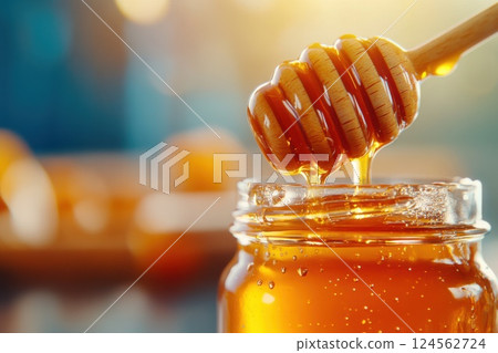 Honey drips from a wooden dipper into a jar in a bright and photorealistic setting 124562724