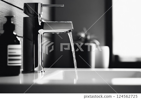 Shiny chrome faucet pouring water into a ceramic sink with blurred background for emphasis Shiny chrome faucet pouring water into a ceramic sink with blurred background for emphasis 124562725