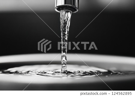 Detailed close up of shiny chrome faucet pouring water into a blurred ceramic sink 124562895