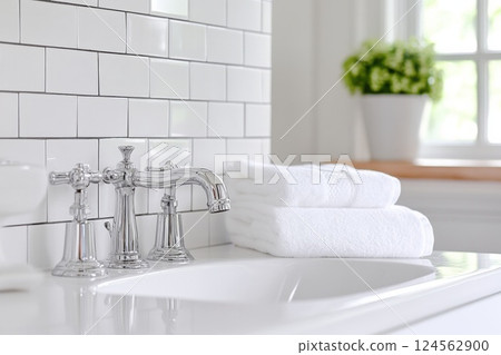 Bright minimal bathroom with chrome fixtures and neatly folded towels in natural light 124562900