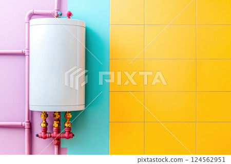 Close up view of a modern water heater boiler mounted in a vibrant bathroom setting 124562951