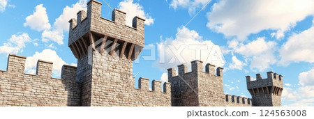 Majestic medieval castle soaring against a cloudy sky in a stylized illustration 124563008