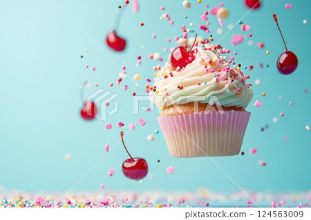 Floating cupcake elements with sprinkles and cherries in a bright background 124563009
