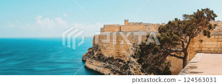 Illustration of a warm toned architectural drawing of Maltese limestone fortress by the sea 124563031