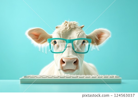 Cow in glasses sits at office desk typing on a keyboard in a colorful workspace Cow in glasses sits at office desk typing on a keyboard in a colorful workspace 124563037