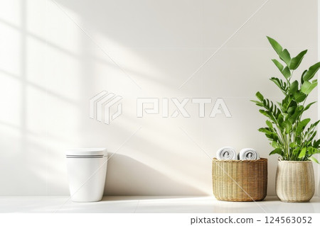 Bright bathroom with wicker basket and white fixtures in a cozy and stylish setting 124563052