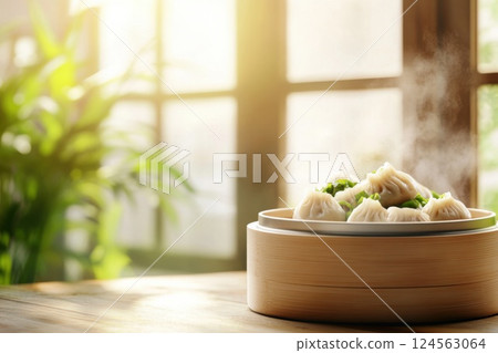 Steamed dumplings in a bamboo steamer with bright light and greenery background 124563064