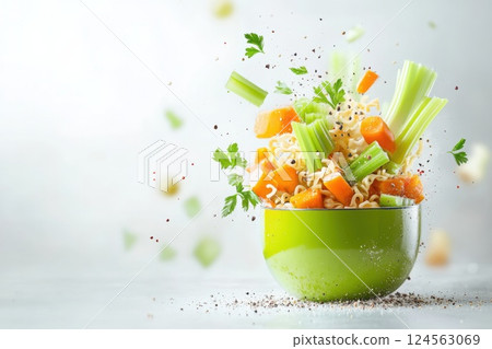 Flying soup ingredients create a colorful spectacle with carrots celery and noodles in mid air 124563069