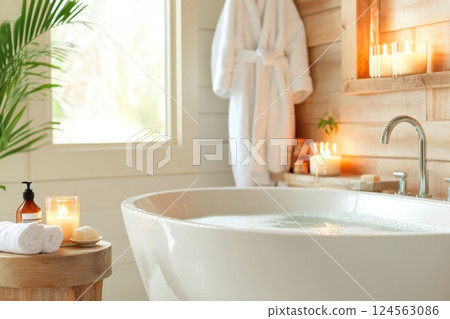Relaxing spa inspired bathroom with soothing tub and ambient lighting for perfect self care Relaxing spa inspired bathroom with soothing tub and ambient lighting for perfect self care 124563086