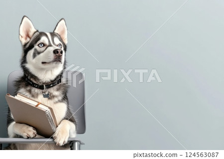 Husky sits in lecture hall taking notes while attentively listening to the lecture 124563087