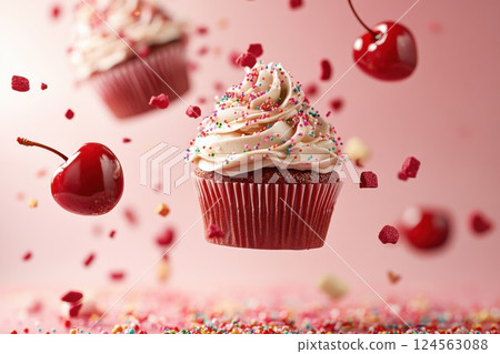 Floating cupcake elements with frosting sprinkles and cherries in a bright background Floating cupcake elements with frosting sprinkles and cherries in a bright background 124563088