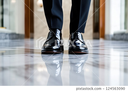 Polished shoes walking confidently on marble floor in a corporate setting during business hours 124563090