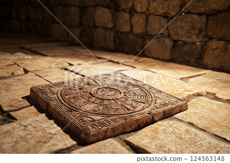 Detailed Mayan stone calendar with deep carvings on a warm aged background 124563148