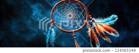 Detailed illustration of a Native American dreamcatcher with feathers and beadwork 124563149