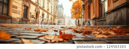Charming autumn streets of an old European town in warm tones with vibrant leaves 124563163