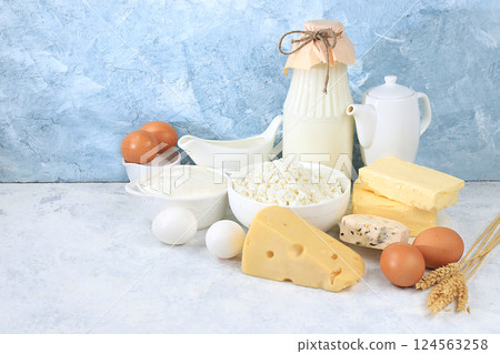 Assortment of fresh dairy products, healthy breakfast with ingredients, natural nutrition concept, maintaining healthy intestinal microflora, diet food, rustic table, selective focus 124563258