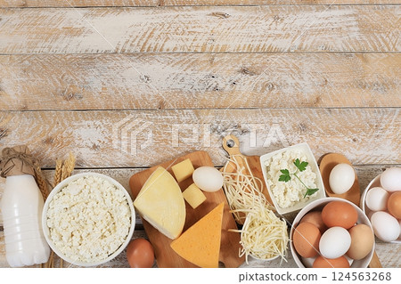 Assorted fresh dairy products, healthy breakfast with ingredients, natural food concept, top view with place for text, diet food, rustic table, selective focus Assorted fresh dairy products, healthy breakfast with ingredients, natural food concept, top view with place for text, diet food, rustic table, selective focus 124563268