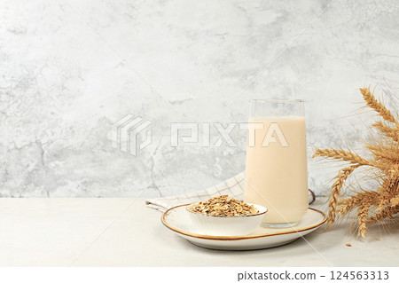 Oatmeal vegan alternative milk lactose and gluten free, allergy free, healthy eating concept, maintaining healthy gut flora, diet nutrition, weight loss, 124563313