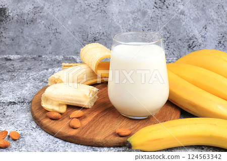 Banana vegan alternative milk lactose and gluten free, no allergies, healthy eating concept, maintaining healthy gut microflora, diet food, weight loss, selective focus 124563342
