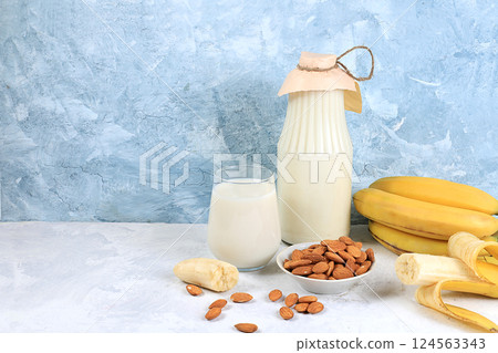 Banana vegan alternative milk lactose and gluten free, no allergies, healthy eating concept, maintaining healthy gut microflora, diet food, weight loss, selective focus 124563343