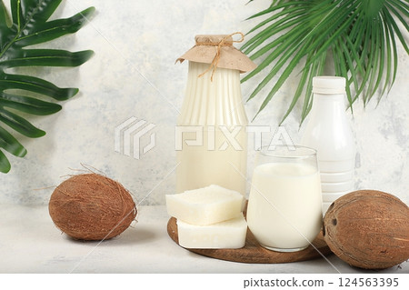 Coconut vegan alternative milk lactose and gluten free, allergy free, healthy eating concept, maintaining healthy gut microflora, diet nutrition, weight loss, selective focus 124563395