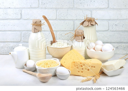 Assorted fresh dairy products, natural food concept, healthy breakfast with ingredients, maintaining healthy intestinal microflora, diet food, rustic table, selective approach Assorted fresh dairy products, natural food concept, healthy breakfast with ingredients, maintaining healthy intestinal microflora, diet food, rustic table, selective approach 124563466