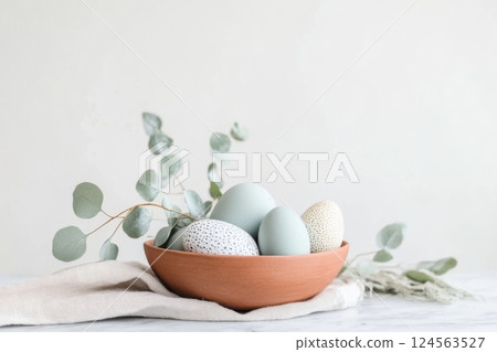 Minimalist Easter centerpiece featuring dotted eggs and eucalyptus leaves arranged on a marble countertop, ideal for festive decoration and celebration 124563527