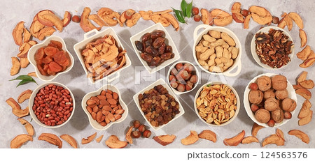 Assortment of various nuts and dried fruits, Assortment of various nuts and dried fruits, 124563576