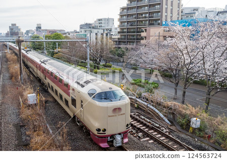 [Tokaido Main Line] Sunrise Seto and Izumo trains speeding through the city in the early spring morning 124563724