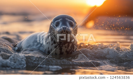 Seal glides through gentle waves at sunset on a serene beach Seal glides through gentle waves at sunset on a serene beach 124563836
